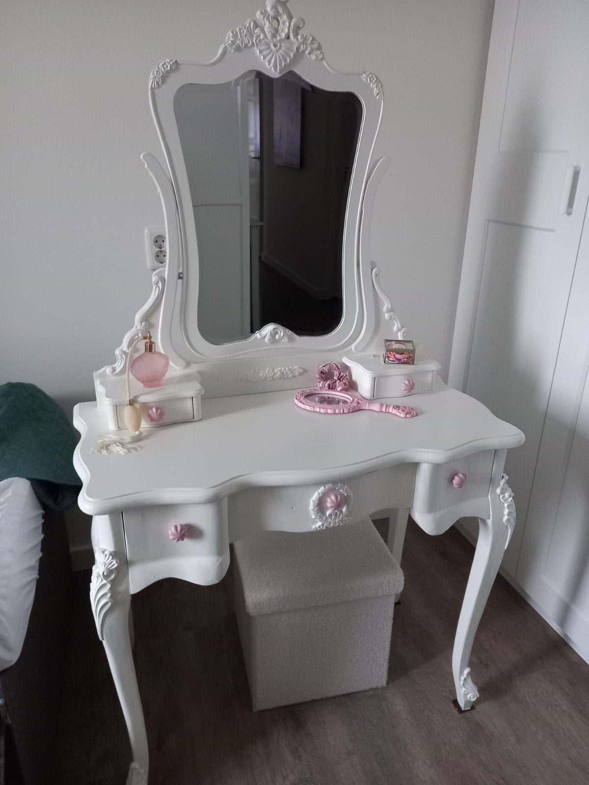 Witte kaptafel met spiegel en lades - Zo goed als nieuw, Ophalen, Zo goed als nieuw, Eenpersoons, Rococo, Klassiek, Romantisch