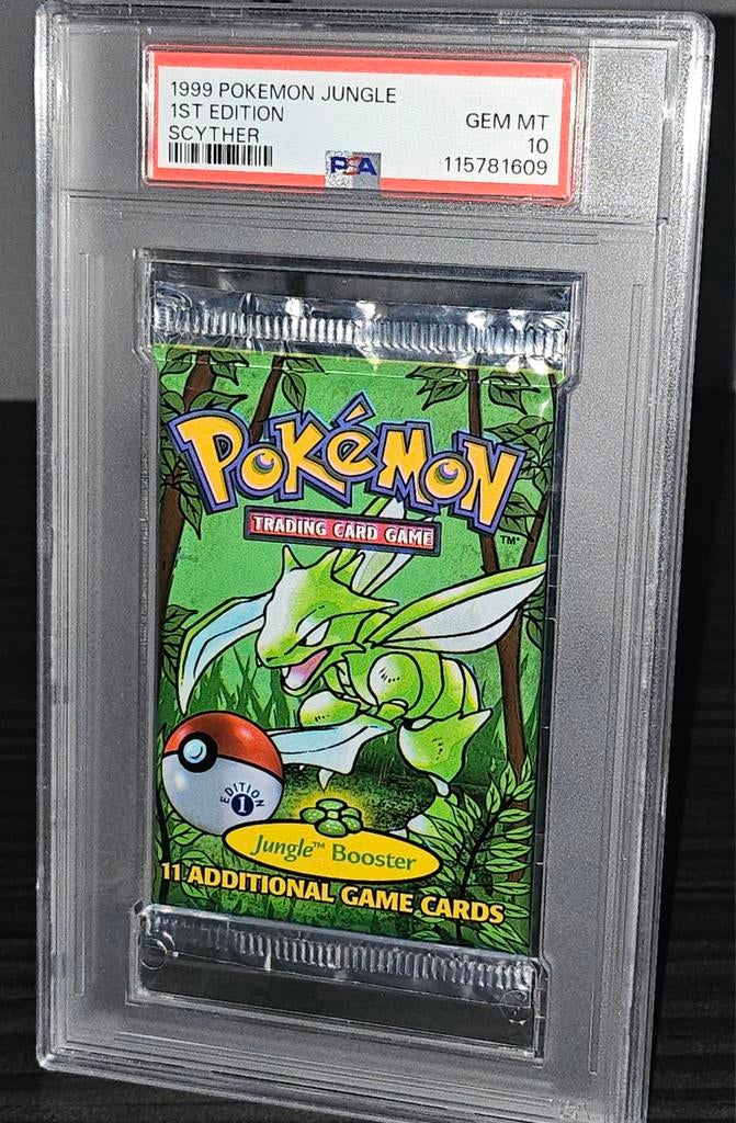 Pokemon - Jungle Booster Pack 1st Edition Scyther PSA 10, Hobby en Vrije tijd, Verzamelkaartspellen | Pokémon, Ophalen of Verzenden