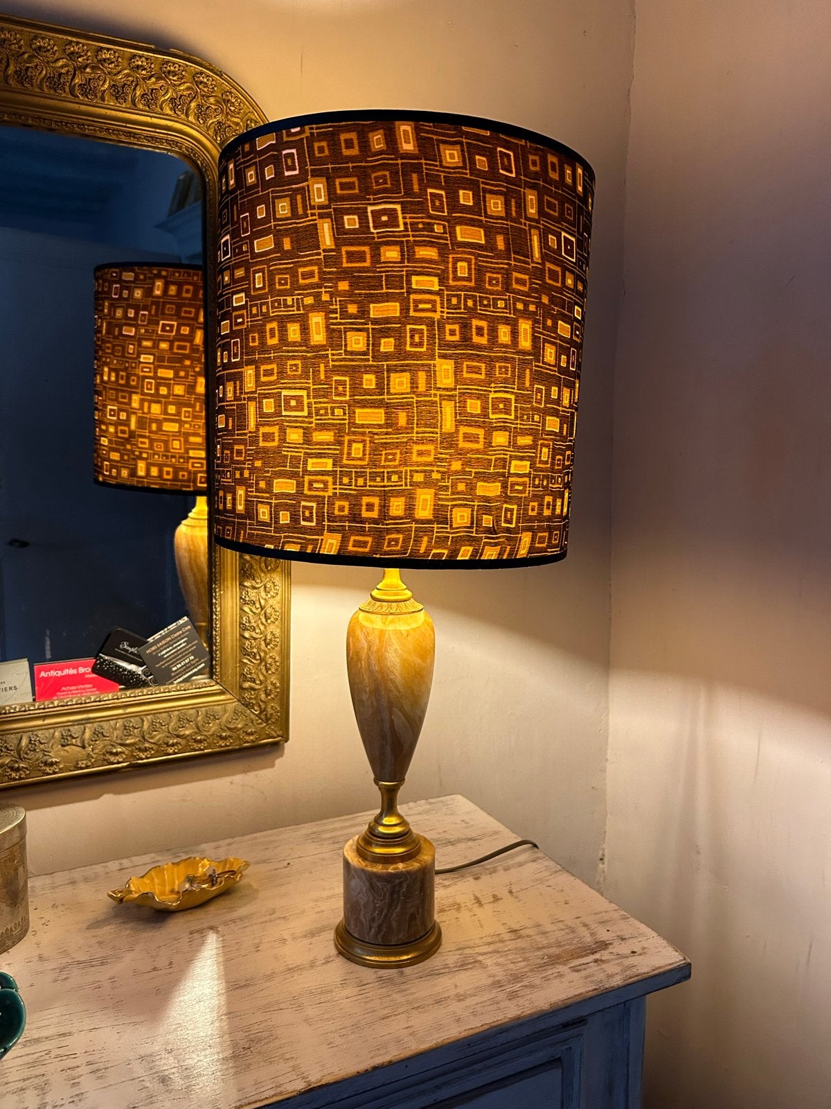 Vintage Tafellamp met Onyx Voet en handgemaakte kap, Ophalen
