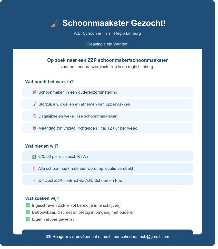 ZZP Schoonmaker gezocht – Ouderenzorg Limburg – €25/uur, Vacatures, Starter, Overige niveaus, Geschikt als bijbaan, Freelance of Uitzendbasis