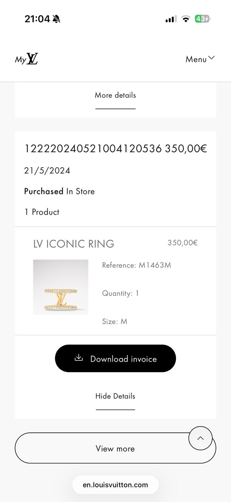 Louis vuitton ring, Ophalen of Verzenden, Zo goed als nieuw, 17 tot 18, Dame