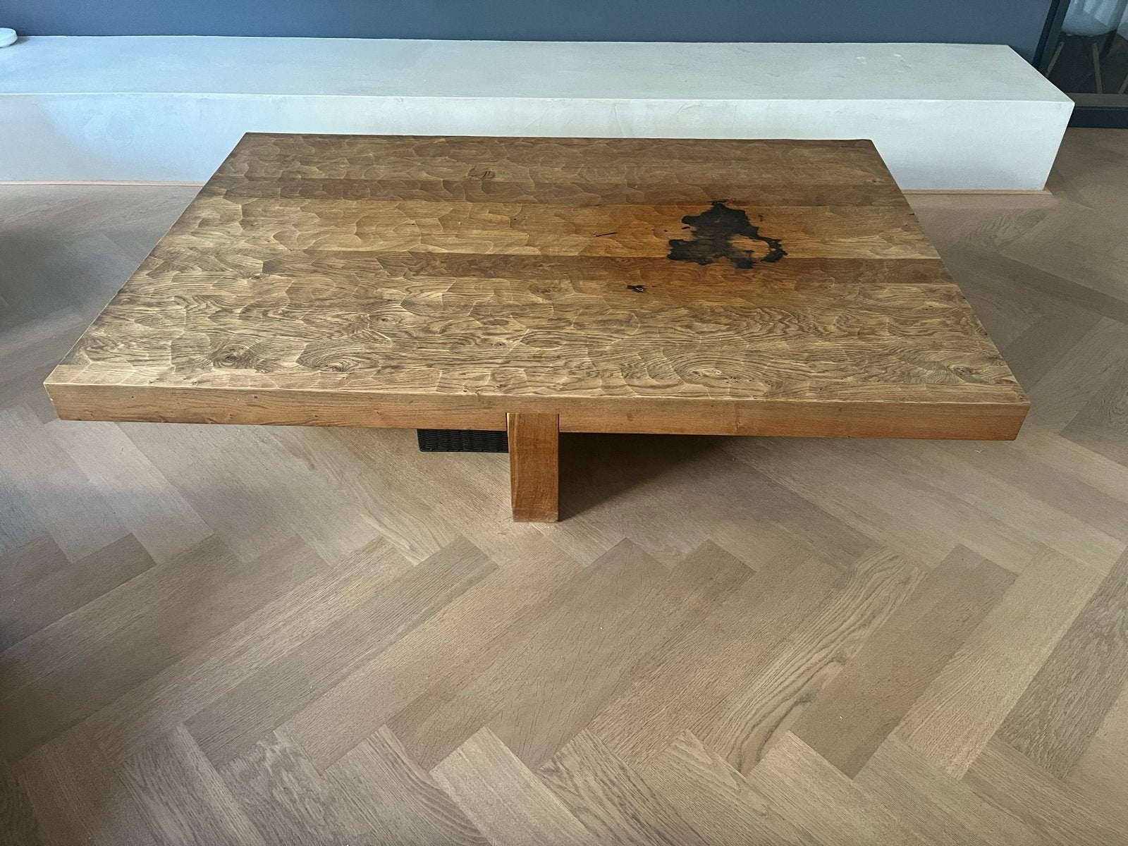 Linteloo houten salontafel met unieke textuur en vochtplek, Ophalen, Gebruikt, 100 tot 150 cm, Vierkant