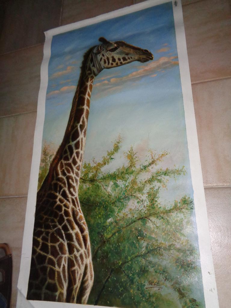 Prachtig groot gesigneerd schilderij (Giraf) -130 cm x 70 cm, Ophalen of Verzenden