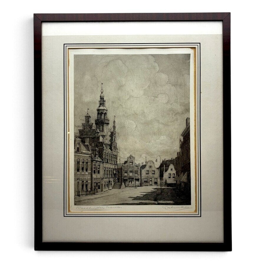 Johan Hemkes (1894-1988), ets: 'Raadhuisplein', Ophalen of Verzenden, Stadsgezicht, Ets, Gesigneerd