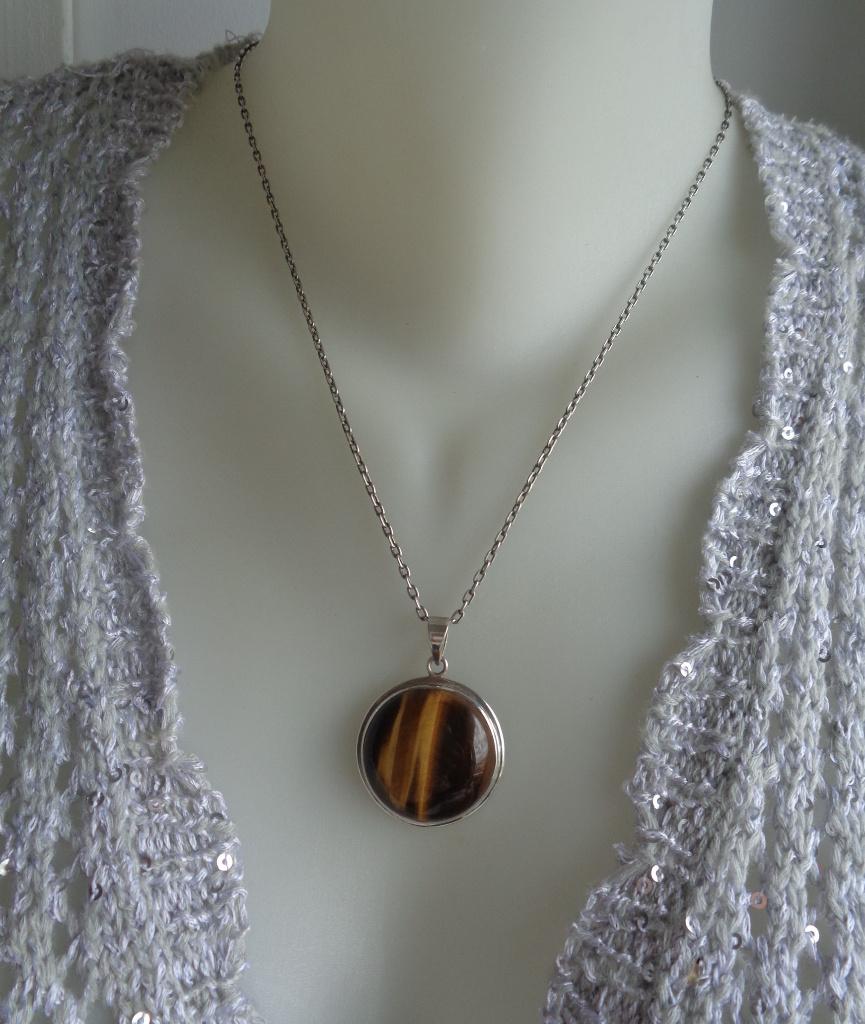 zilveren ketting met grote tijgeroog hanger [250], Sieraden, Tassen en Uiterlijk, Kettingen, Verzenden, Zo goed als nieuw, Met edelsteen