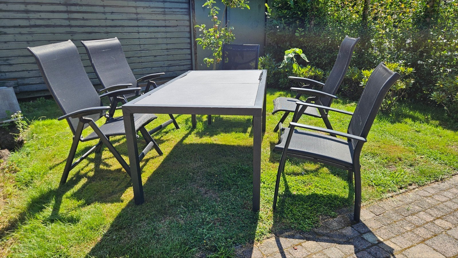Tuinset, tafel met keramiek blad en 5 stoelen., Tuin en Terras, 5 zitplaatsen, Gebruikt, Aluminium, Ophalen of Verzenden