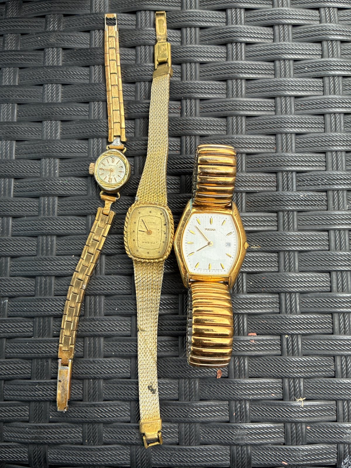 Set van 3 vintage gouden horloges - Prisma, Pulsar en onbeke, Overige merken, Overige materialen, Gebruikt, Polshorloge