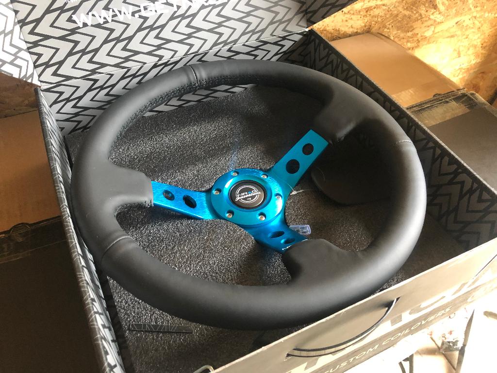 NRG Sportstuur leder 350mm blauw zwart deep dish 75mm, Ophalen of Verzenden