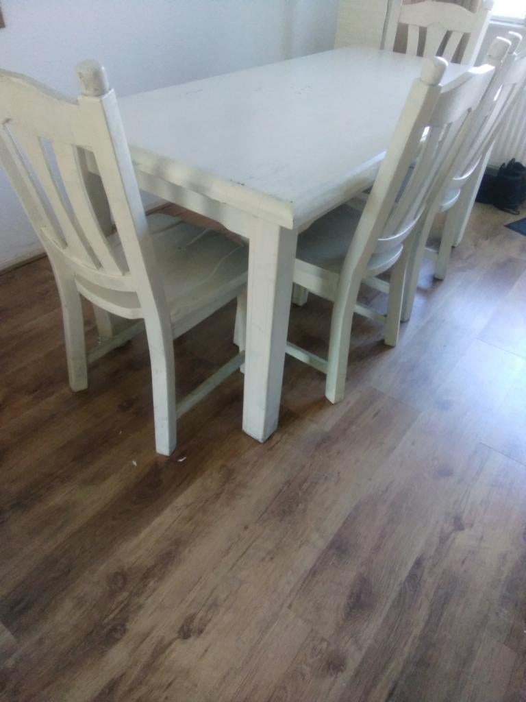 Witte houten tafel en eetkamerstoelen - Set van 4, Huis en Inrichting, Stoelen, Ophalen, Gebruikt, Wit, Vier