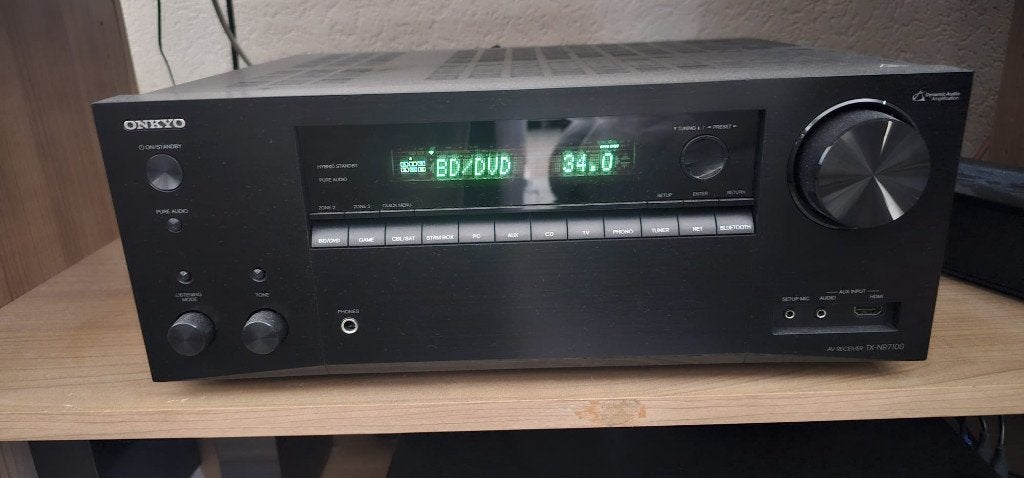 Onkyo TX NR 7100 & 4 teufel speakers en klipsch mid speaker, 70 watt of meer, Zo goed als nieuw, 5.1-systeem, Overige spelers