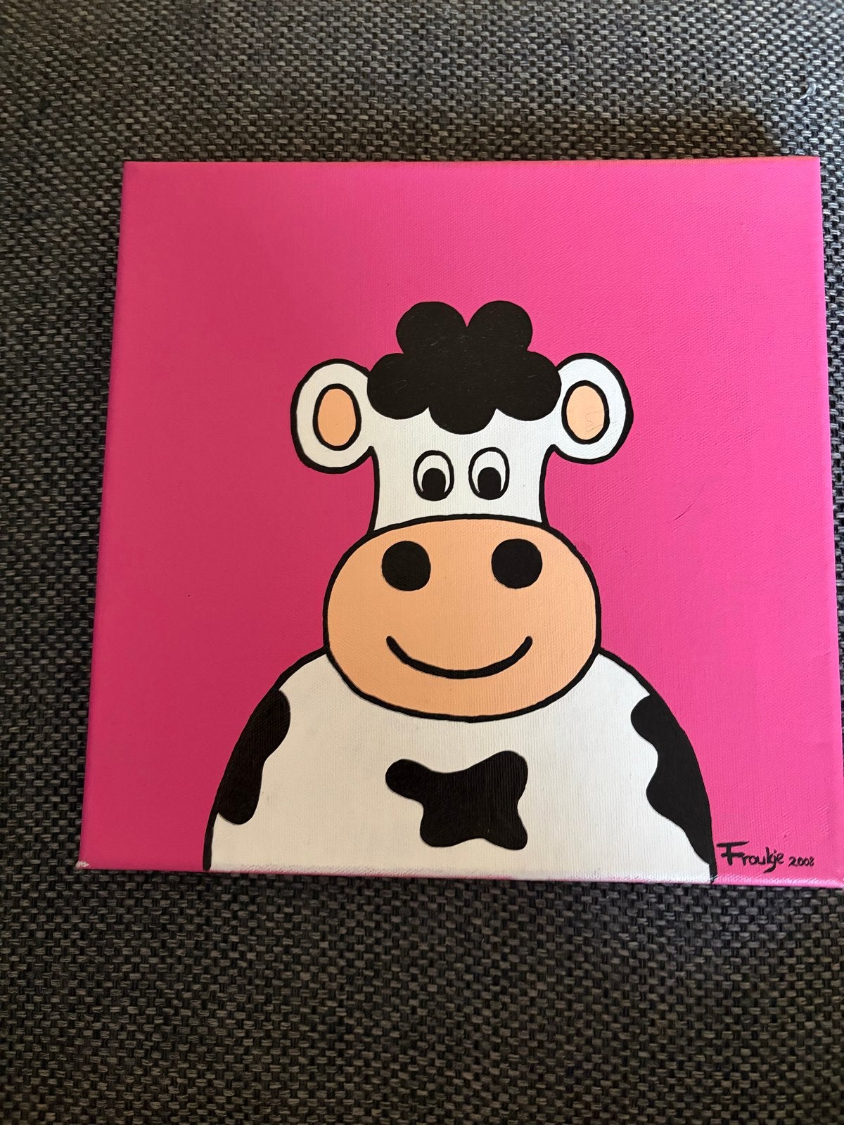 Handgemaakt schilderij van koe op canvas door Froukje, Ophalen of Verzenden, Textiel, Handgeschilderd, Dieren
