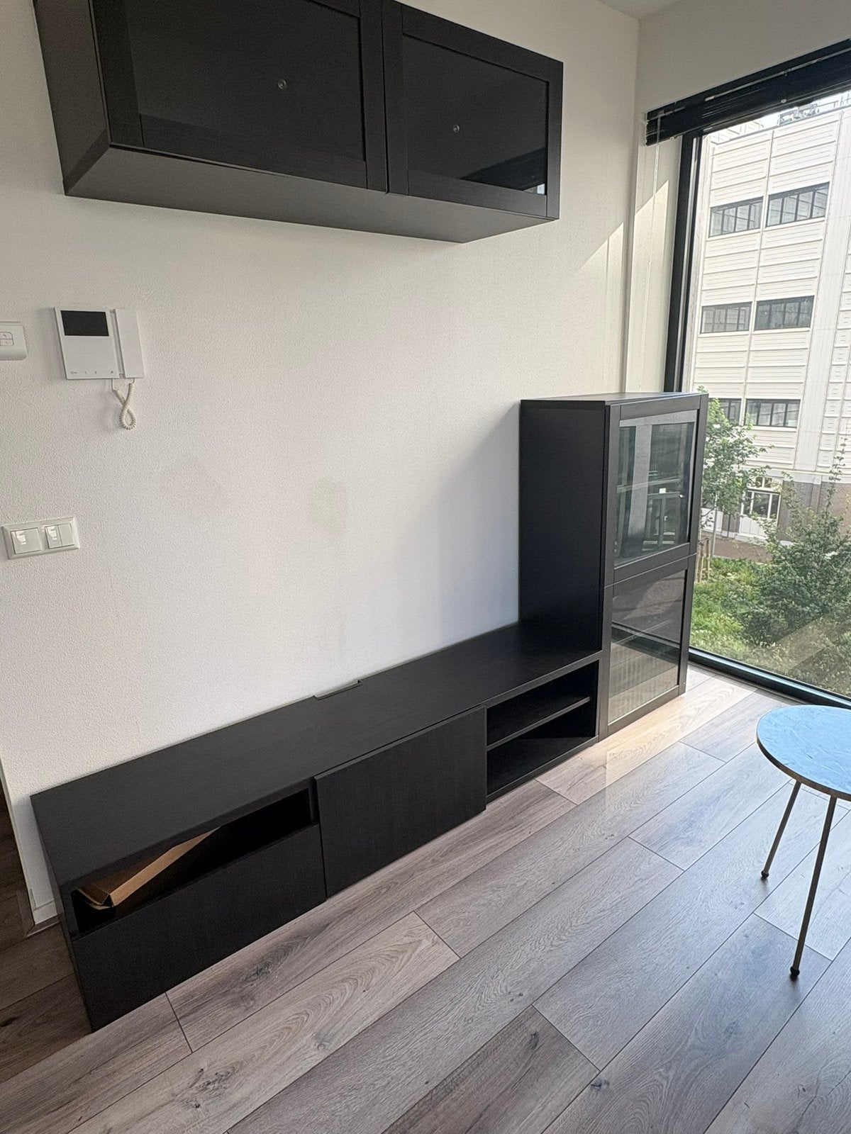 Televisiemeubel met losse hoge kast, Ophalen, Minder dan 100 cm, 25 tot 50 cm, Glas