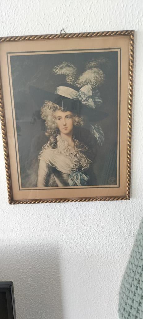 Antieke ingelijste prent van dame met hoed, Ophalen of Verzenden