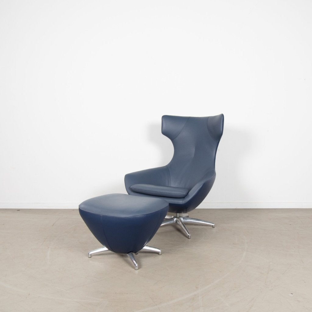 Leolux Caruzzo Fauteuil Donkerblauw Leer + Hocker, Niet ingevuld, Zo goed als nieuw, Niet ingevuld, Niet ingevuld