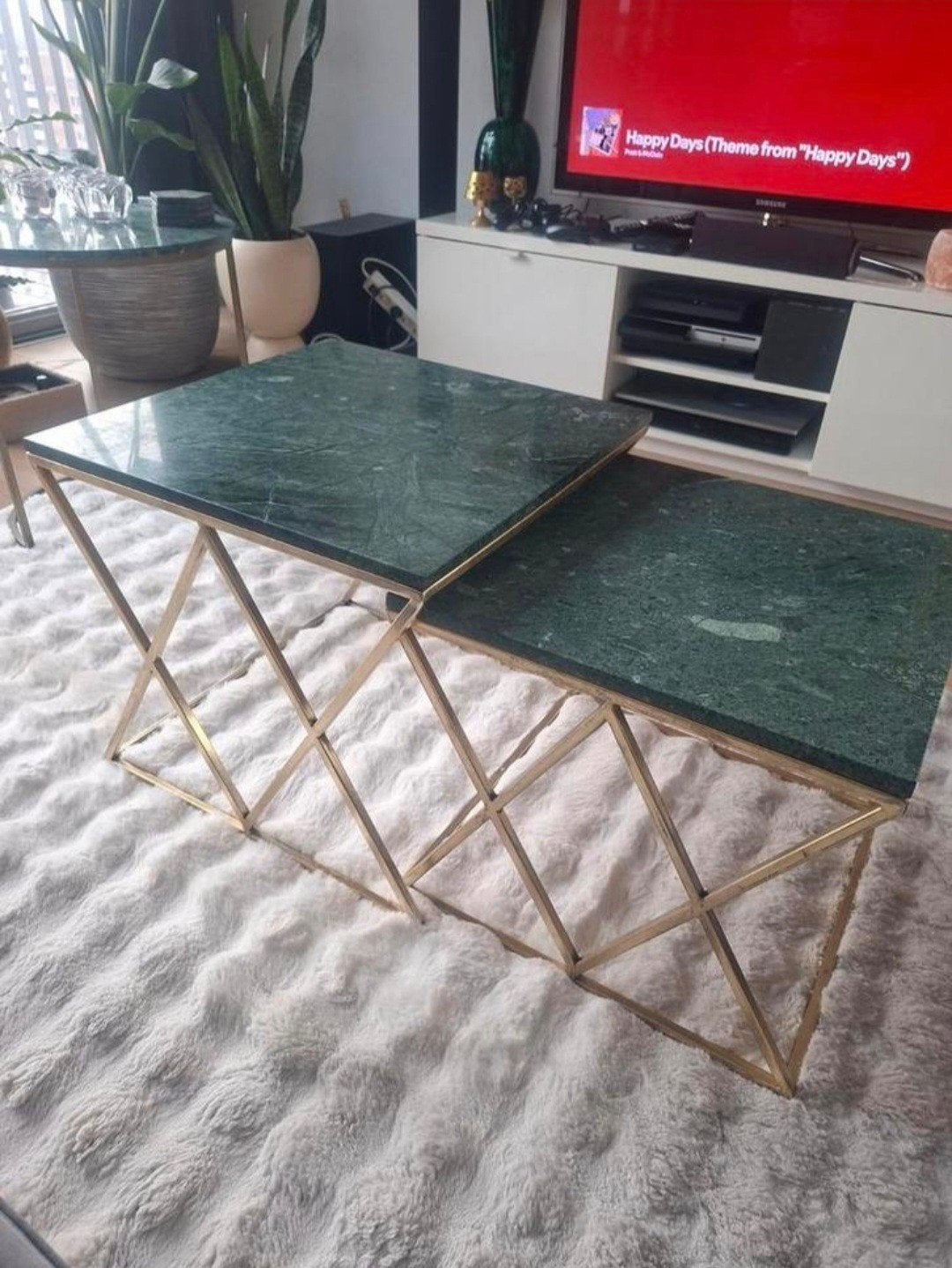 Set van 2 groene marmeren salontafels met messing onderstel, Ophalen, Gebruikt, Groen, Steen/keramiek
