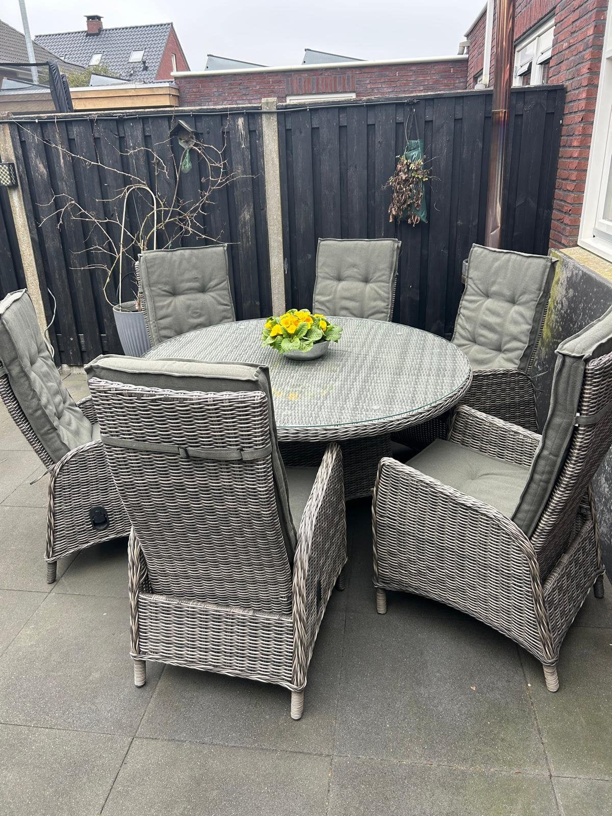 Luxe tuin set met verstelbare stoelen en olijf groene kussen, Ophalen, Zo goed als nieuw