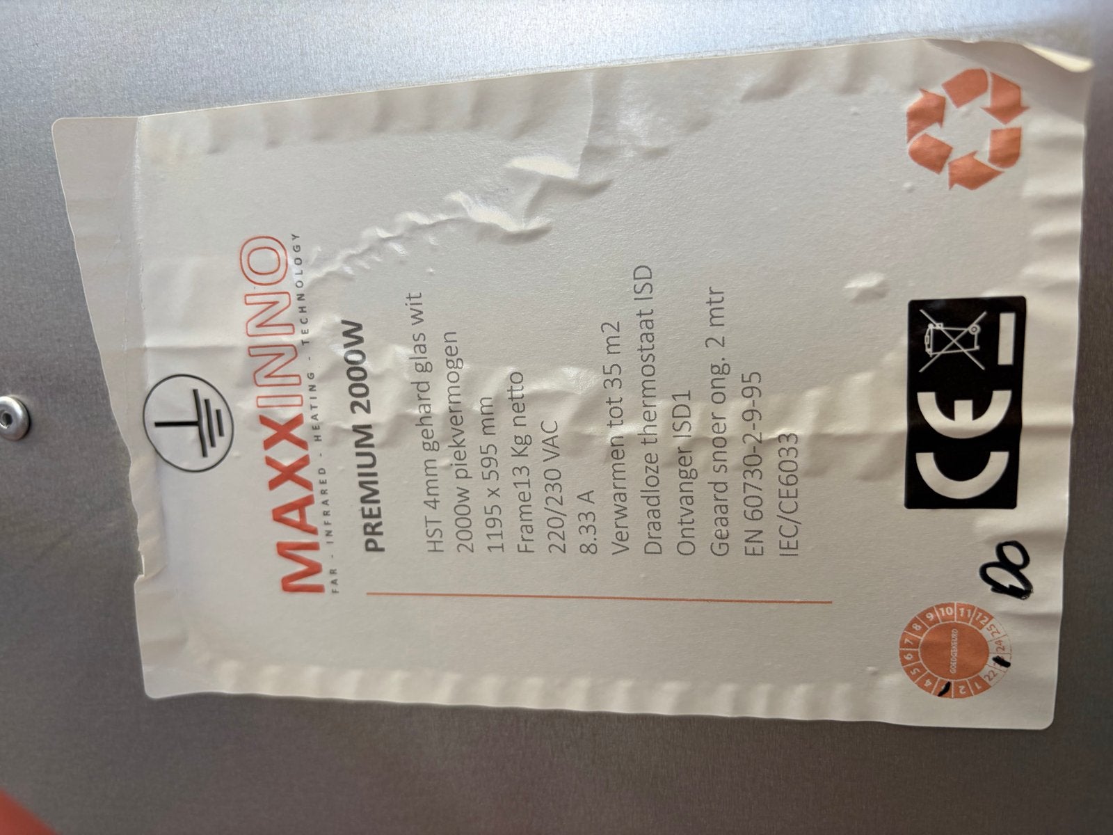 Maxxinno Premium 2000W Infrarood Verwarming Paneel, Doe-het-zelf en Verbouw, Verwarming en Radiatoren, Ophalen, 30 tot 80 cm, Gebruikt