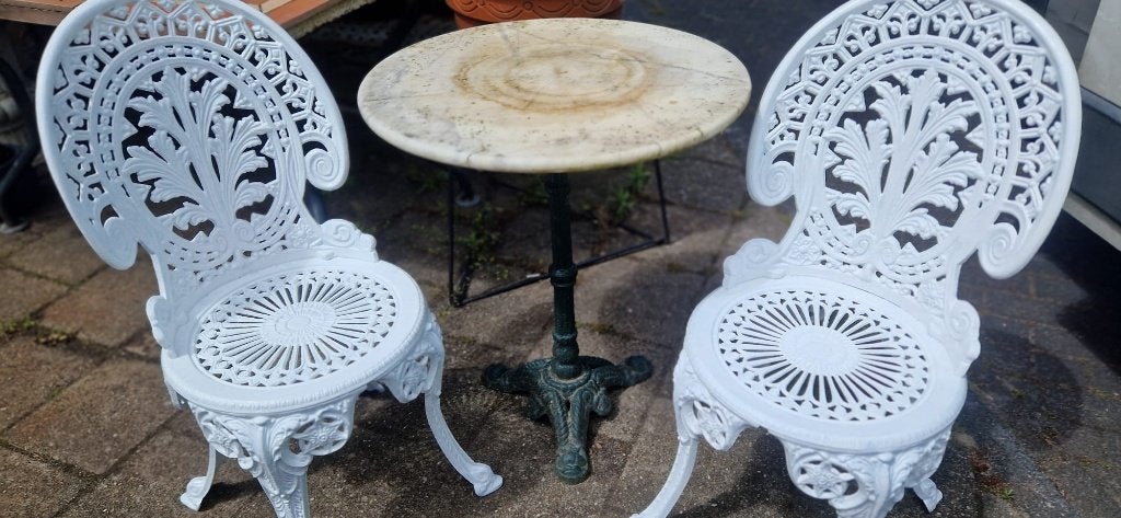 bistrosetje + tafel met marmeren blad (brocante), Bijzettafel, Tuinset, Ophalen, 2 zitplaatsen