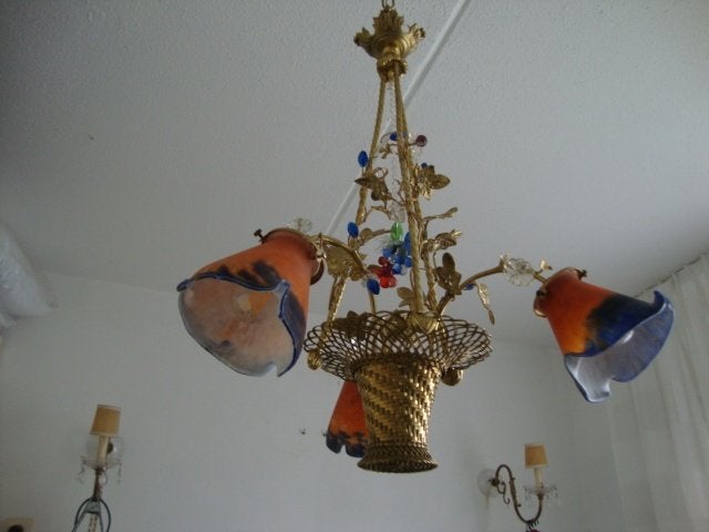 Oude franse messing mand hanglamp met muller freres kappen, Ophalen of Verzenden
