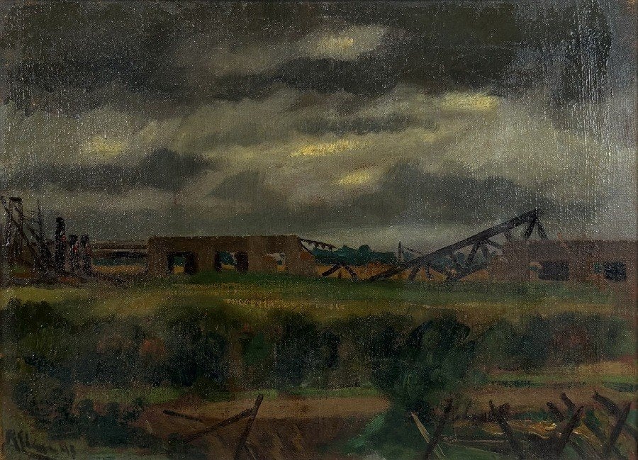 956. Olieverfschilderij, Ruurd Elzer – ingestorte brug, 1948, Antiek en Kunst, Ophalen of Verzenden, Olieverf, Landschap, Doek