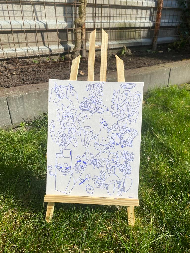 Handgemaakt Rick & Morty/Spongebob 'High Life' Canvas 24x30, Ophalen of Verzenden