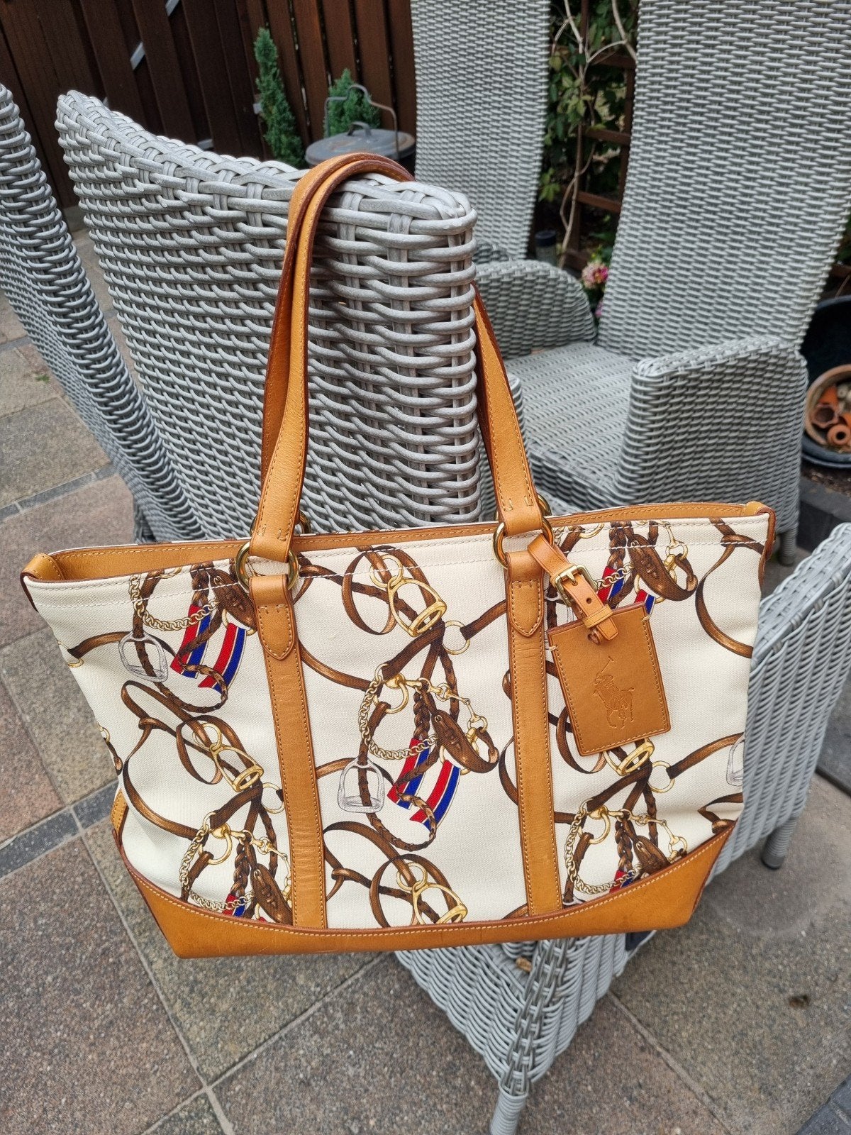 Ralph Lauren Shopper met paardenprint, Ophalen of Verzenden, Gebruikt, Beige, Shopper