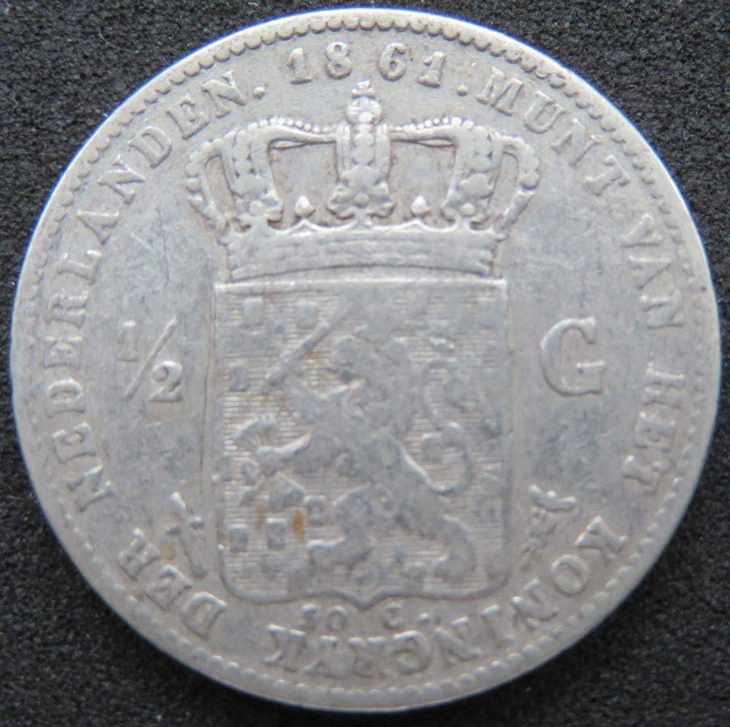 Halve Gulden 1861, Postzegels en Munten, Munten | Nederland, ½ gulden, Koning Willem III, Verzenden, Zilver