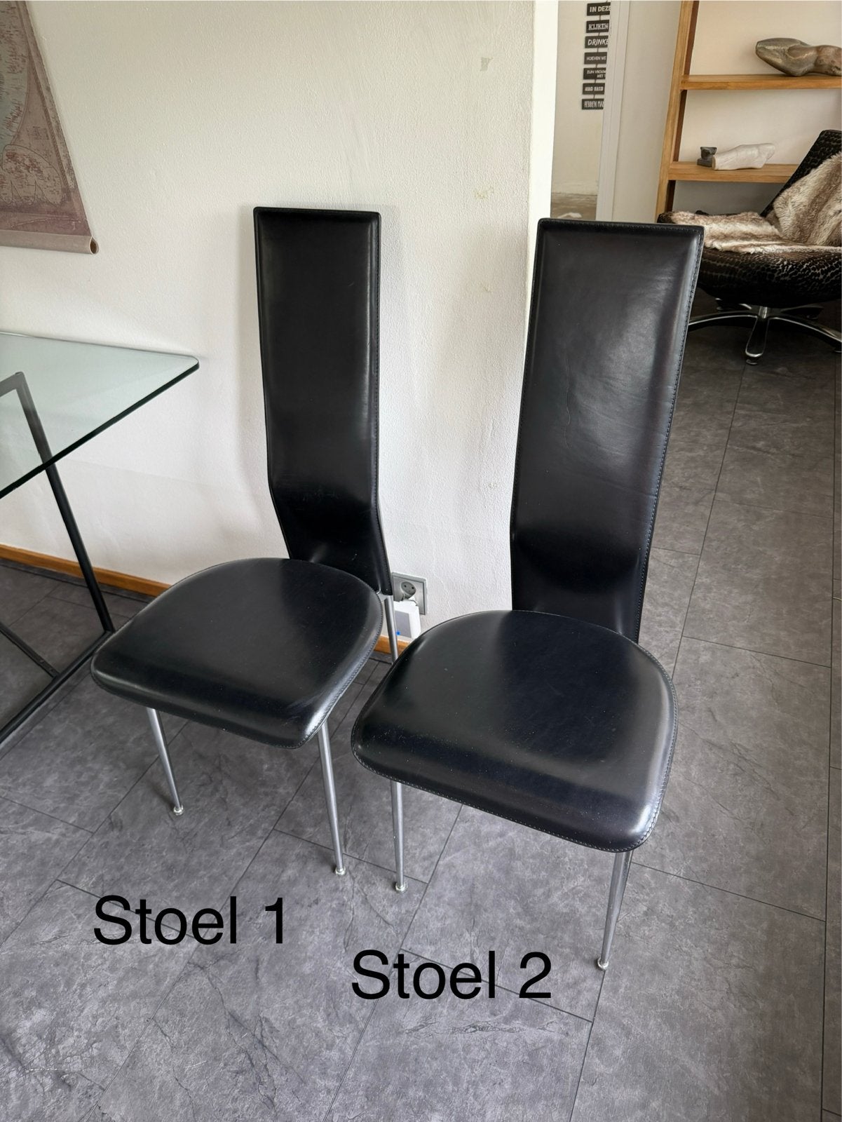 FASEM - Gualtierotti/Vegni - 4 zwarte leren eetkamerstoelen, Huis en Inrichting, Gebruikt, Zwart, Leer, Ophalen of Verzenden