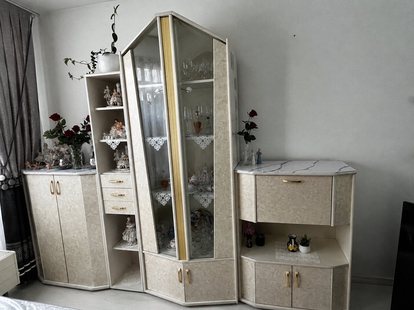 Complete Meubelset Crème/Marmerlook met Gouden Accent, Ophalen, Gebruikt, 200 cm of meer, Glas