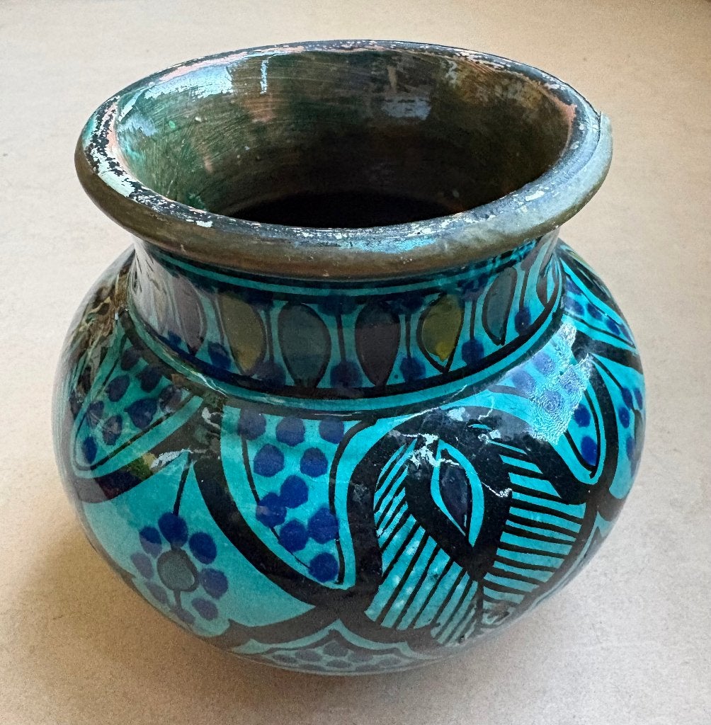 Mooie oude pot uit Fez, Marokko, Steen/keramiek, 13 cm, Afrika, Ophalen of Verzenden