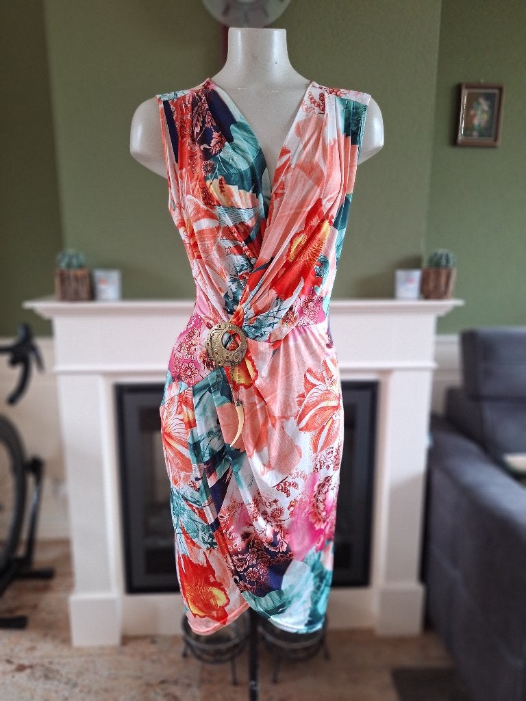 Orna Farho gedrapeerde zomerjurk met heupdetail FR 40 /NL 38, Kleding | Dames, Maat 38/40 (M), Onder de knie, Meerkleurig, Verzenden