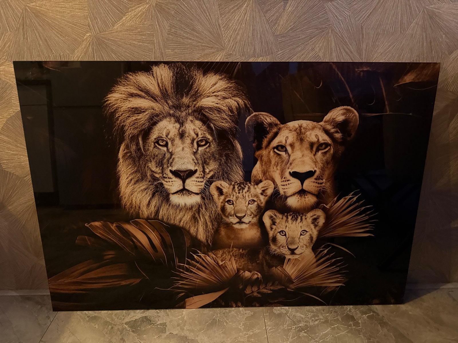 Prachtige Leeuwenfamilie Glas Schilderij, Huis en Inrichting, Ophalen, Zo goed als nieuw, Schilderij, 100 tot 125 cm