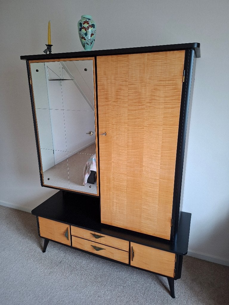 Vintage jaren 50 Spiegelkast, hoofdbord, bijzettafel, Ophalen, Gebruikt, Tweepersoons, Vintage, Mid 50
