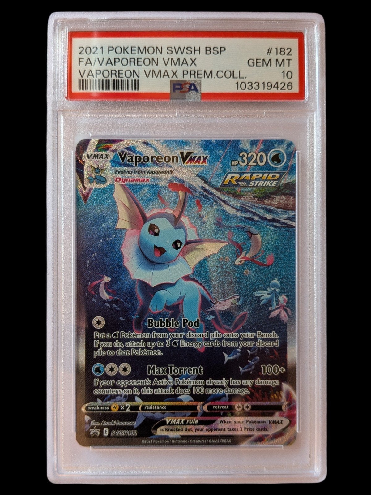 Vaporeon VMAX PSA 10 Gem Mint Pokémon Kaart, Ophalen of Verzenden, Nieuw, Losse kaart, Foil
