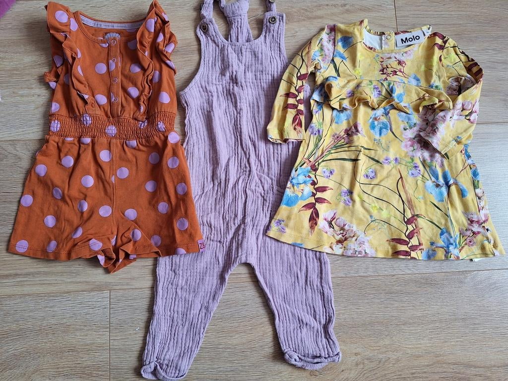mt 74: jurk Molo,  jumpsuit Sweet Petit en mt 80 jumpsuit Z8, Gebruikt, Jurkje of Rokje, Ophalen of Verzenden, Molo