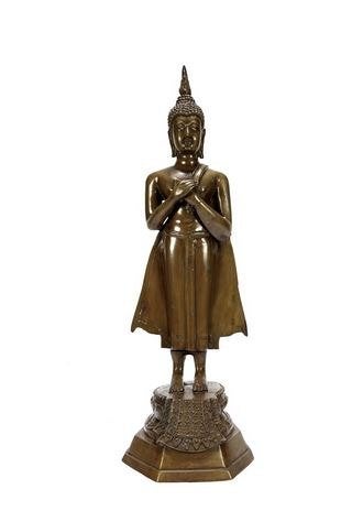 Bronzen Beeld Thaise staande Boeddha op Lotusvoet 19de Eeuw, Antiek en Kunst, Antiek | Koper en Brons, Ophalen of Verzenden, Brons