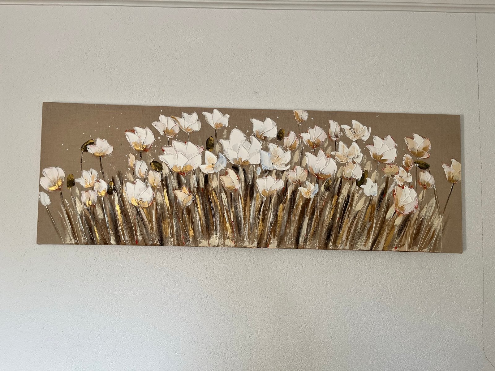 Schilderij met witte bloemen op canvas, 50x150 cm, Ophalen, Handgeschilderd, Olieverf, Bloemen