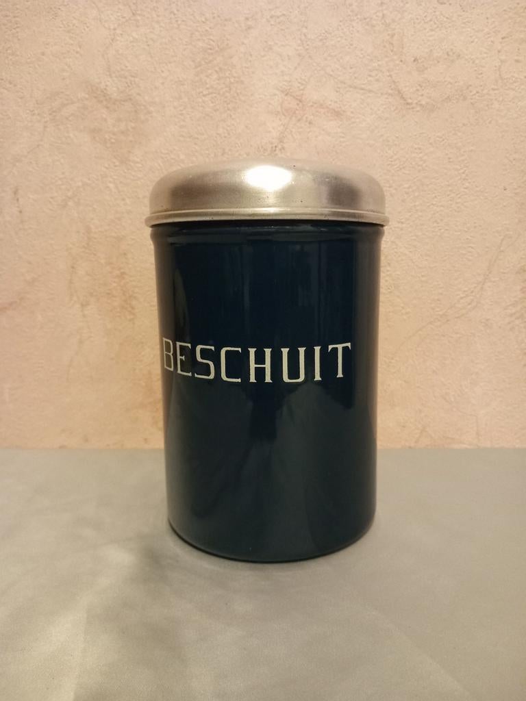 Petrolblauw emaille beschuitbus, Antiek en Kunst, Ophalen of Verzenden
