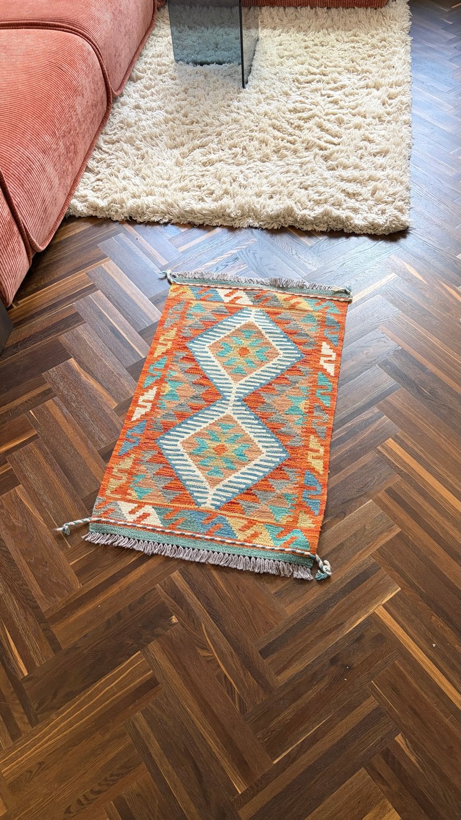 Handgeweven Kelim Vloerkleed - Oranje, Blauw, Beige, Huis en Inrichting, Ophalen, Oranje, 50 tot 100 cm, Zo goed als nieuw