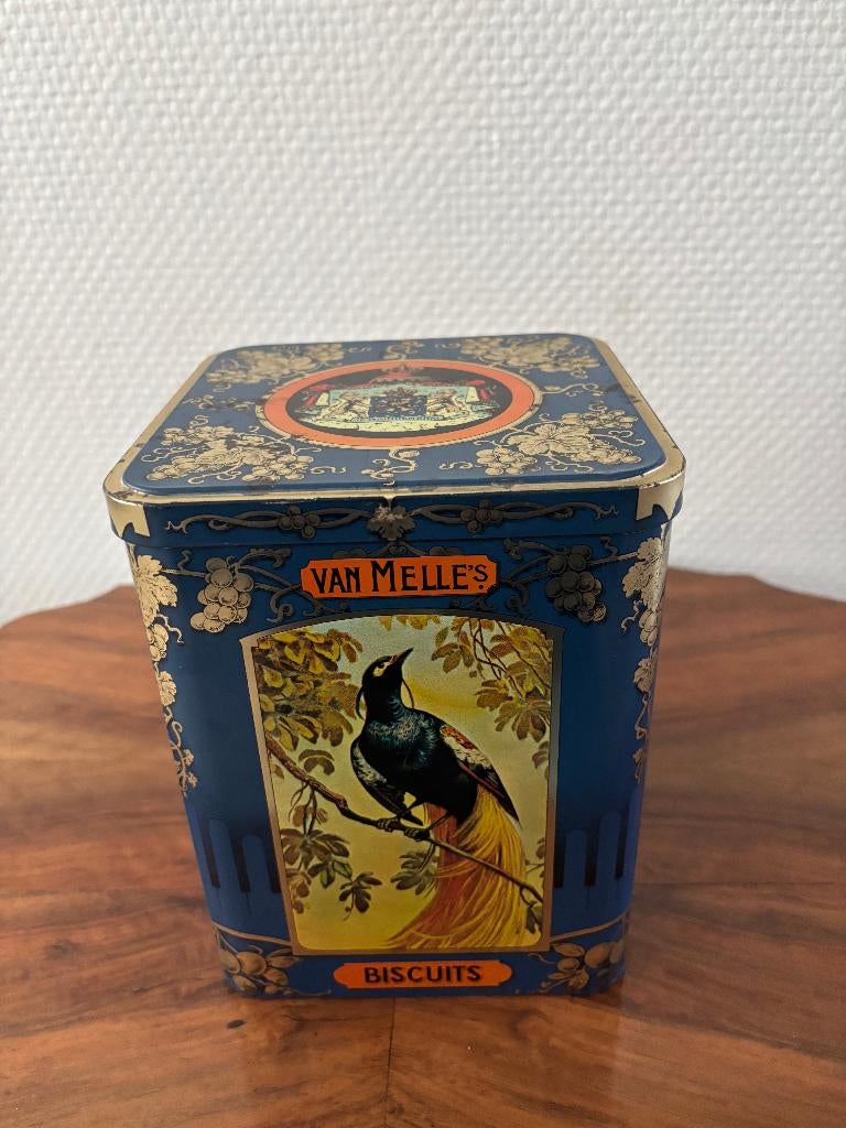 Vintage biscuitblik van Melle met exotische vogels., Ophalen of Verzenden, Gebruikt, Overige