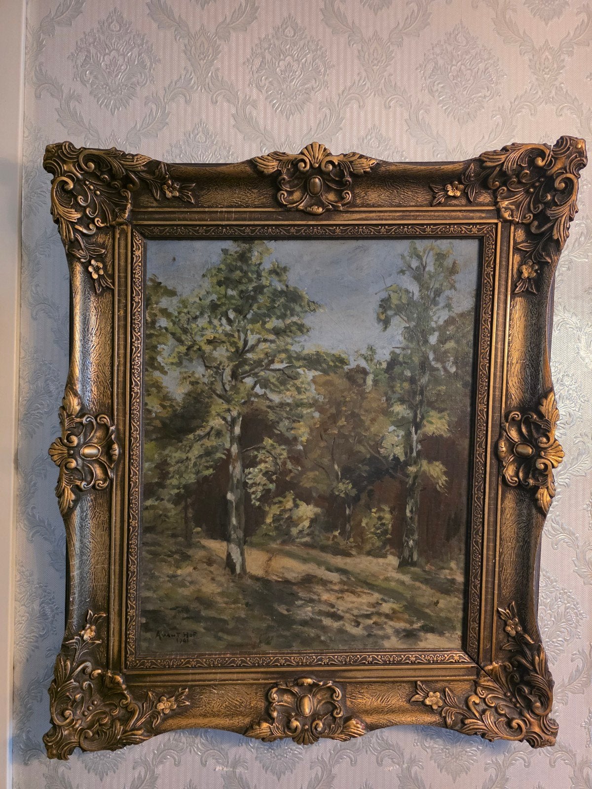 Antiek olieverfschilderij boslandschap A. van 't Hof 1941, Antiek en Kunst, Ophalen