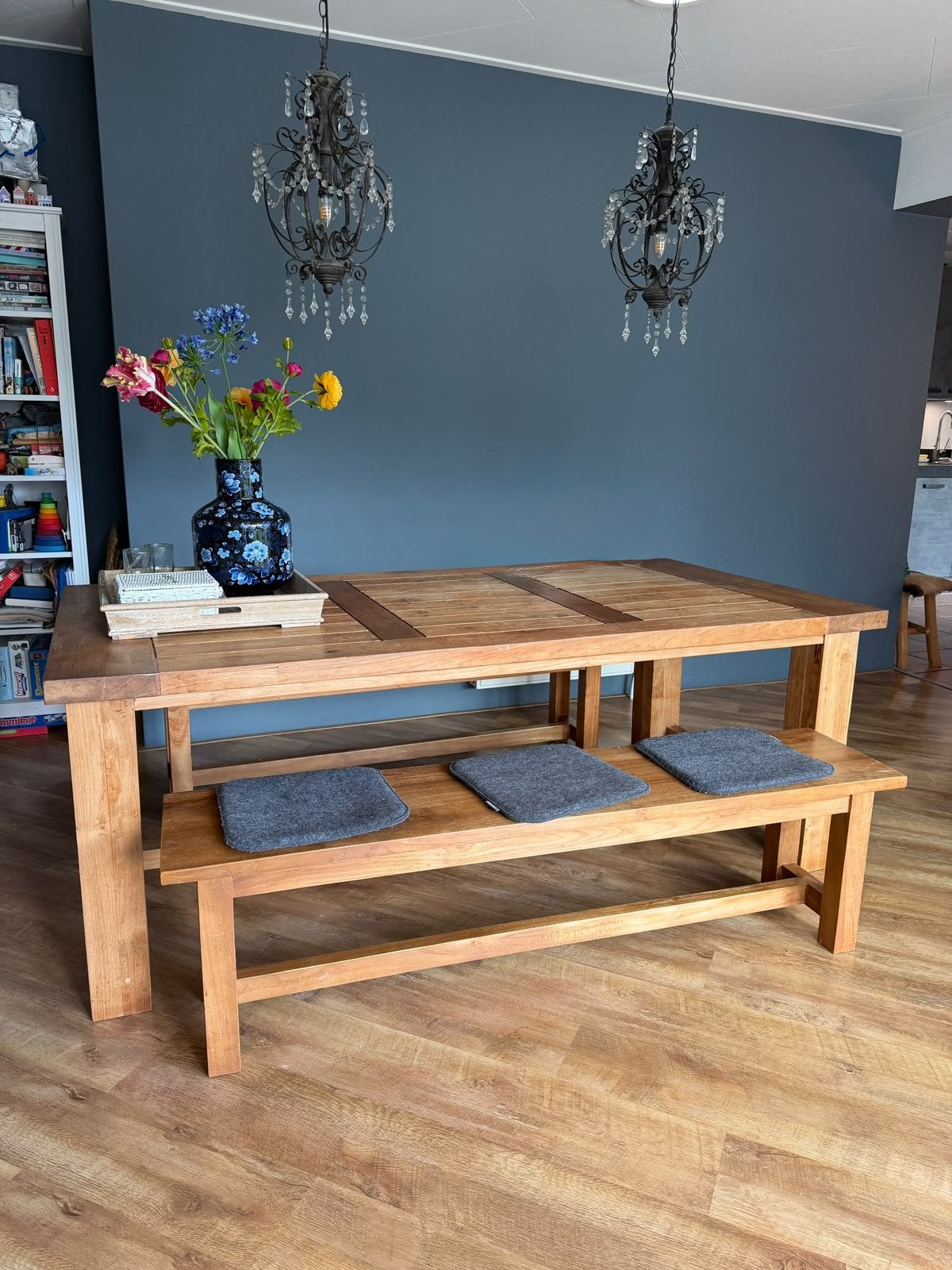 Teak houten eetkamer tafel met 2 bankjes, Huis en Inrichting, Ophalen, Zo goed als nieuw, Rechthoekig, 50 tot 100 cm