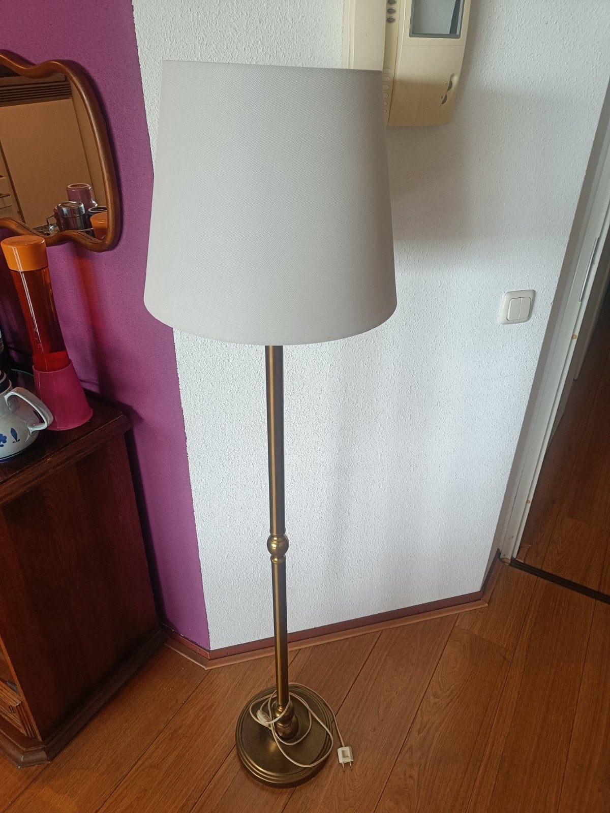 Vintage bronzen vloerlamp met stoffen kap, Klassiek, Ophalen of Verzenden, Zo goed als nieuw, Metaal