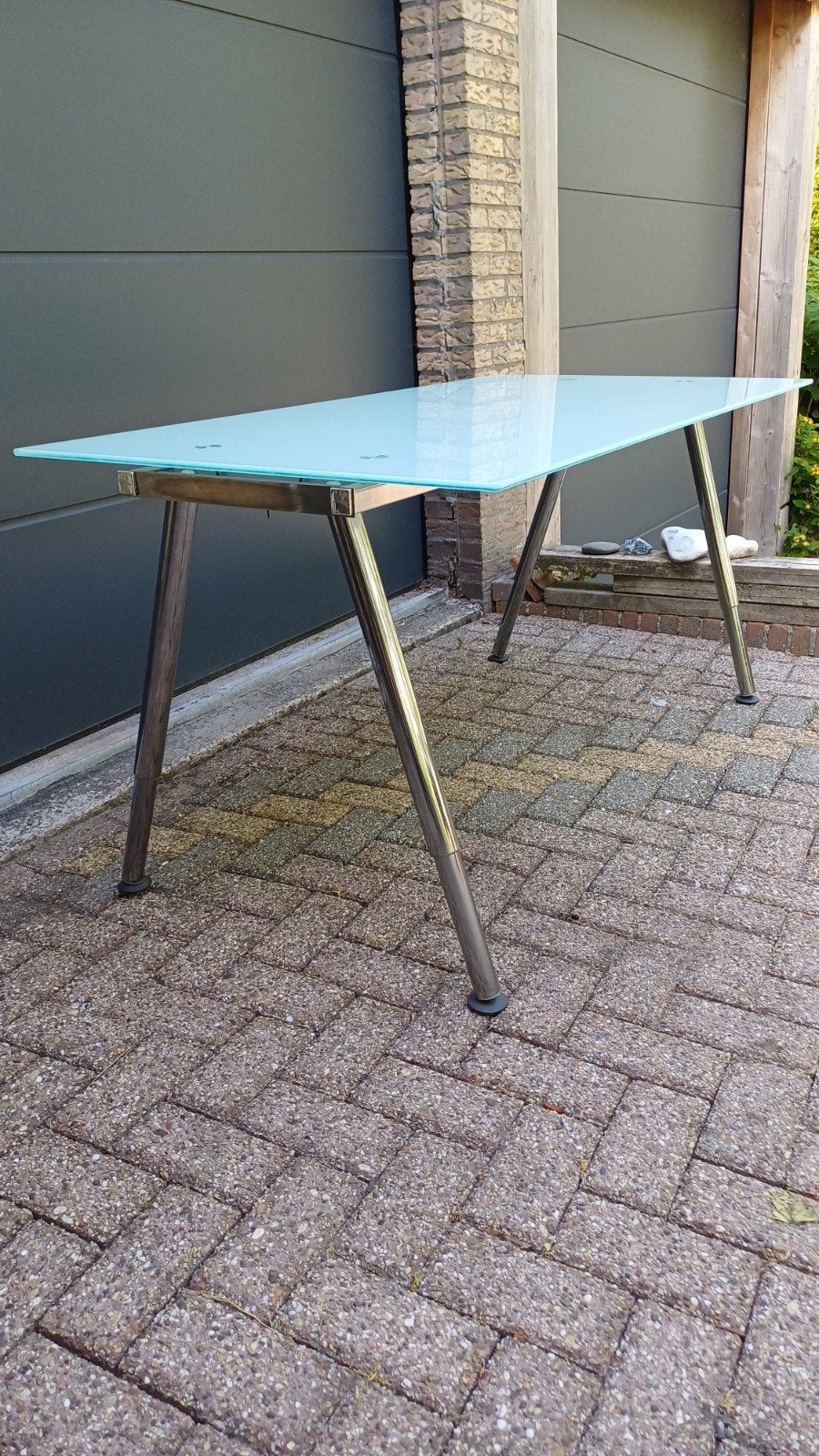 2 IKEA GALANT Design Bureau – Glazen Blad – Chroom Poten, Ophalen, Ikea, 50 tot 100 cm, Rechthoekig