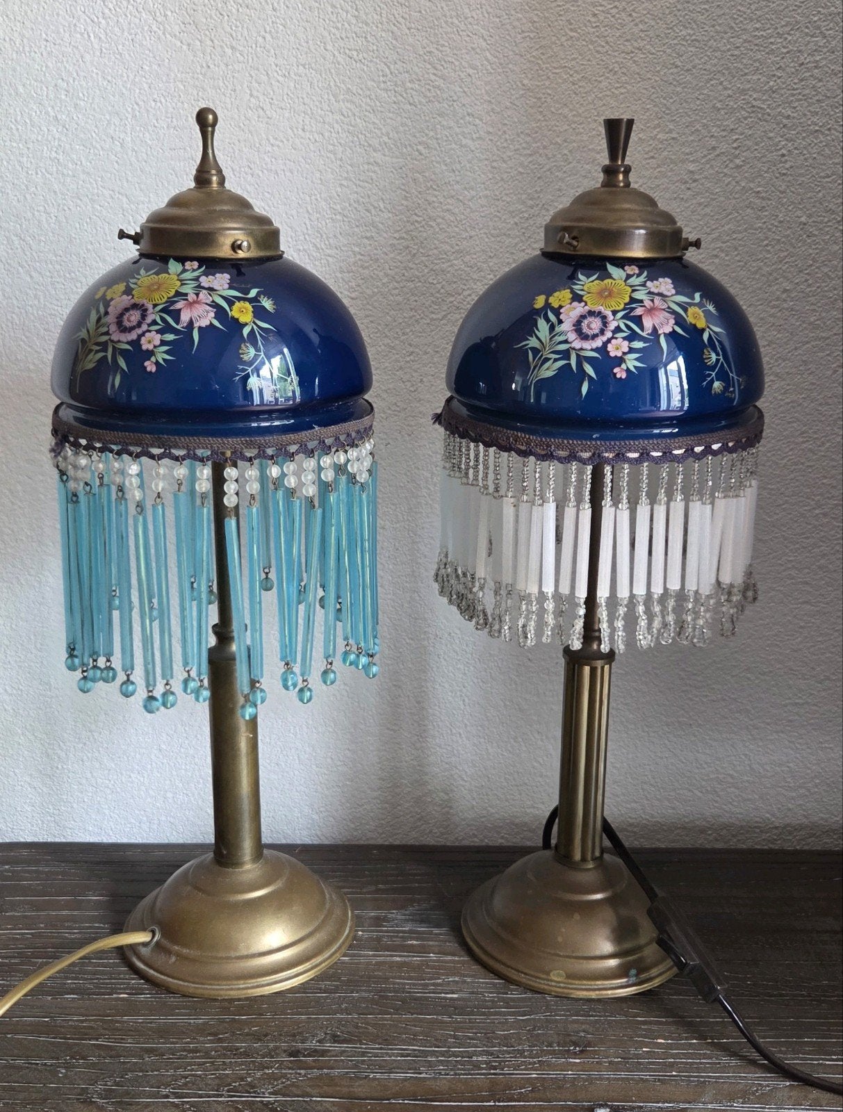 vintage Boudoir tafellampen met blauw glas en kralenfranje, Ophalen