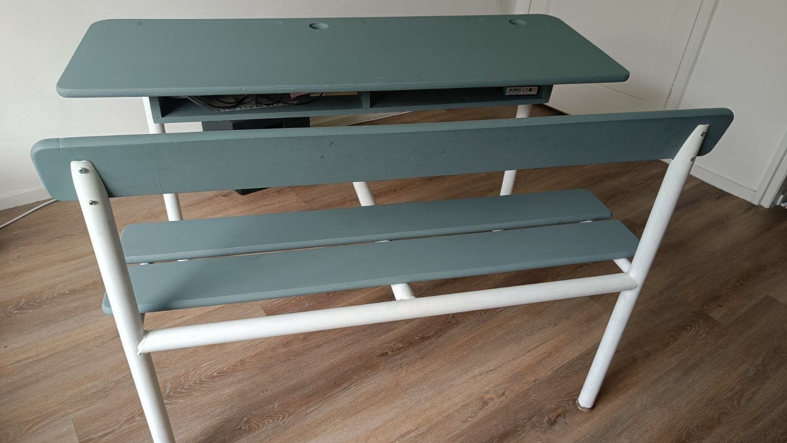 Vintage schoolbank voor twee - Oud groen & wit, Ophalen