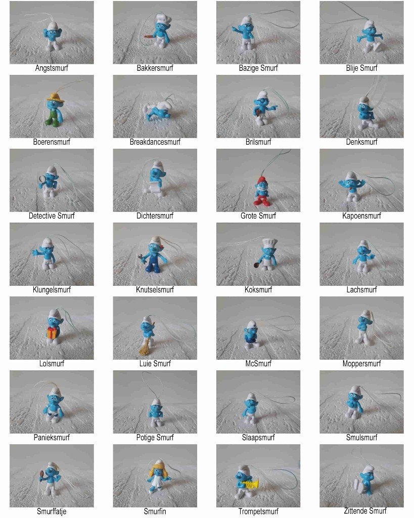28 Smurfen popje 3,5cm Kunststof Delhaize, sleutelhangers, Ophalen of Verzenden, Zo goed als nieuw, Verschillende Smurfen
