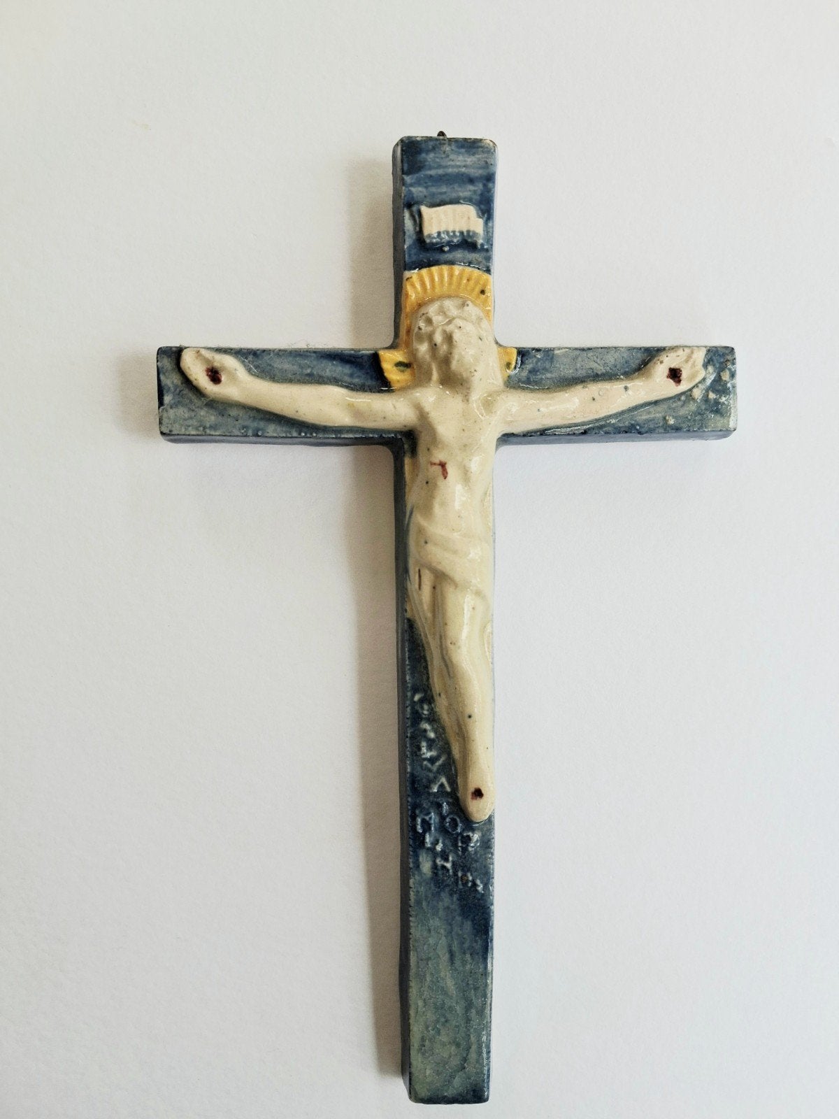 Vintage geglazuurd gipsen kruisbeeld met Christusfiguur, Ophalen of Verzenden