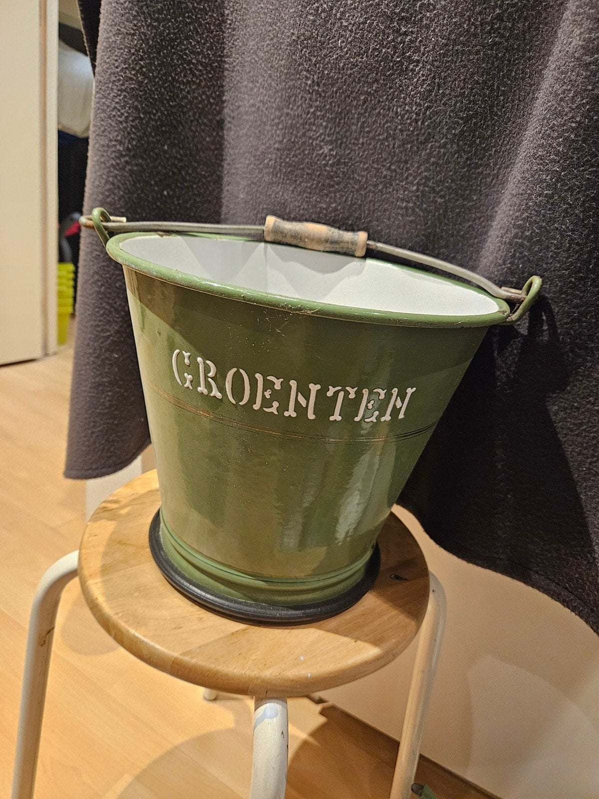Vintage Groenten Emaille Emmer - Groen, Ophalen of Verzenden