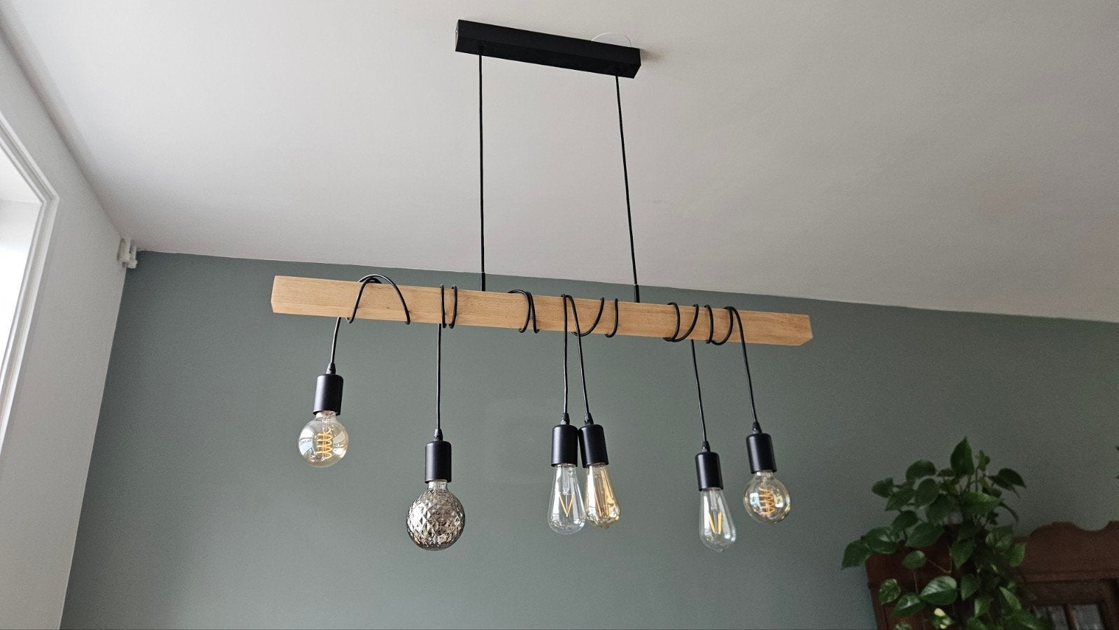 Eglo hanglamp met eikenhouten balk - 100cm, Ophalen, Zo goed als nieuw, Hout